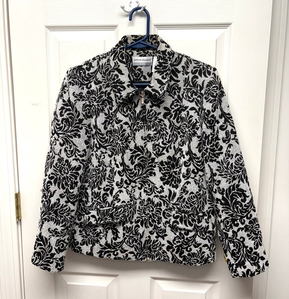 Alfred Dunner Blazer, Black White Damask, Tapestry Zip Jacket, Women's Size 10P